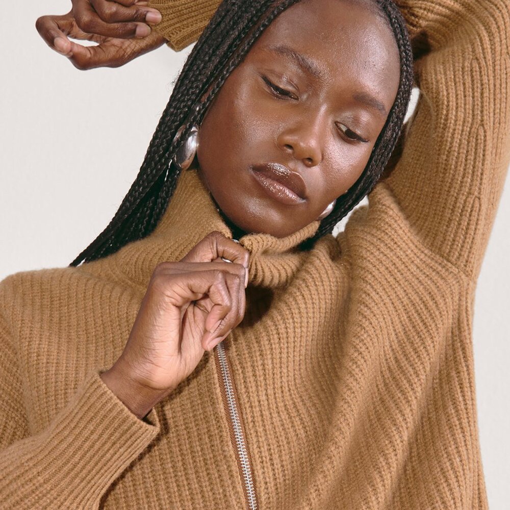 Everlane Women's Half-Zip Sweater in Luxe Merino in Deep Camel, Size 2XS